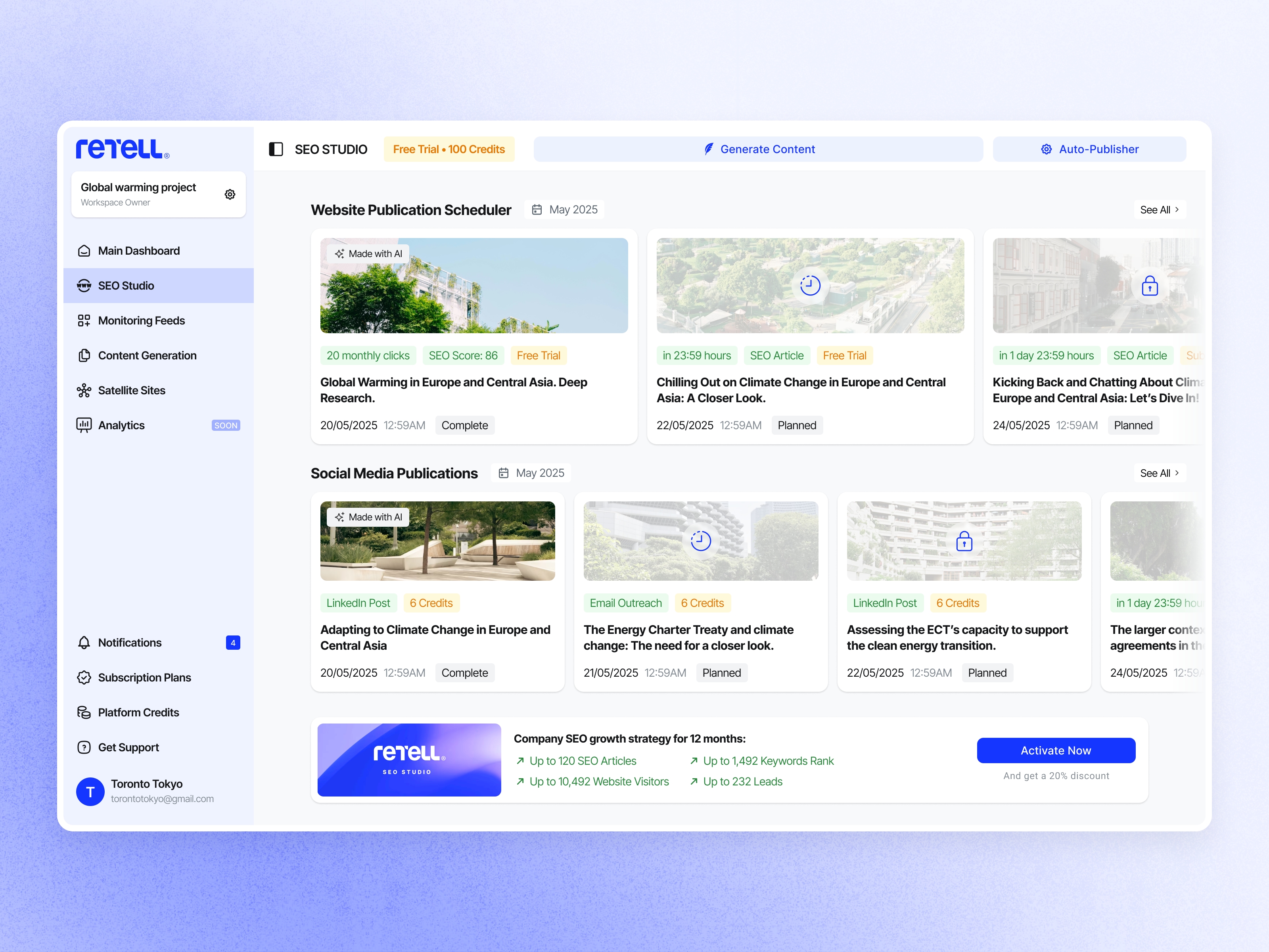 Complete SEO suite of tools automation autopublisher dashboard marketing monitor. generate. publish. publisher seo seo blog seo content creation seo growth seo strategy