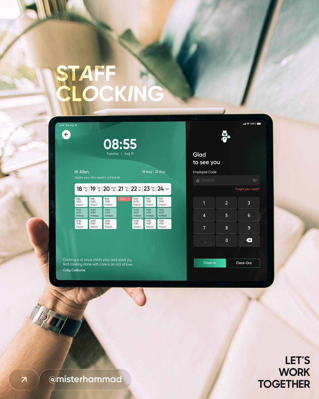 Staff Clocking - epos clock in clock out epos misterhammad point of sale schedule scheduling app staff clocking staff schedule wekkly schedule