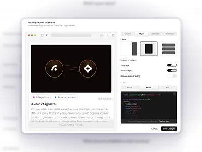 Embed Code changelog design embed figma modal popover popup product design saas ui ui design uiux user experience user interface ux ux design uxui web app web app design web application