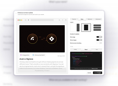Embed Code changelog design embed figma modal popover popup product design saas ui ui design uiux user experience user interface ux ux design uxui web app web app design web application