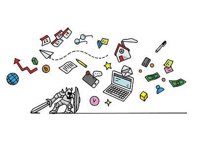 Knight vs. Modern Life – Balancing Work, Money & Chaos artist chaosandclarity conceptualillustration designinspiration dribbbleillustration editorialillustration graphic design graphicstorytelling illustration life lineart narrativeart visualstorytelling whimsicalart