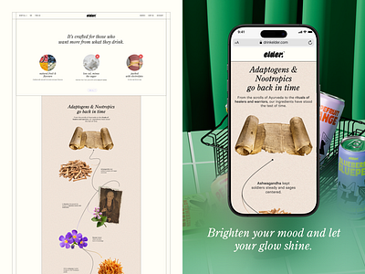 Elder – Beverage Branding & Website Design aboxagency beverage branding d2c design drinkelder elder health intuitive layout landing page modern natural responsiveui shopify shopifystoredevelpoment softdrinkbrand ui ux webdevelopment