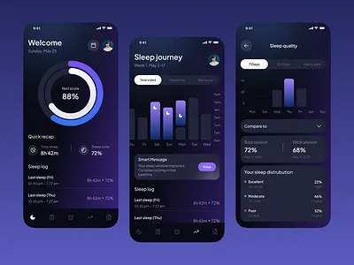 Sleep Tracker Mobile App bar chart clean dark dark mode dashboard data design system figma fitness health healthtech insights ios mindfulness sleep sleep tracker statistics tracker wellness