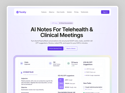 Taskly - AI Clinical Documentation Landing Page ai ai dashboard ai documentation ai healthcare ai meeting note website clean design design healthcare interface landing page online documentation products design saas ui ux web app website design