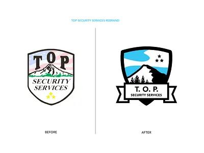Top Security Services - Rebrand badge before and after branding business card freshbooks logo design mountain logo mt hood pnw logo rebranding security guard security logo shield