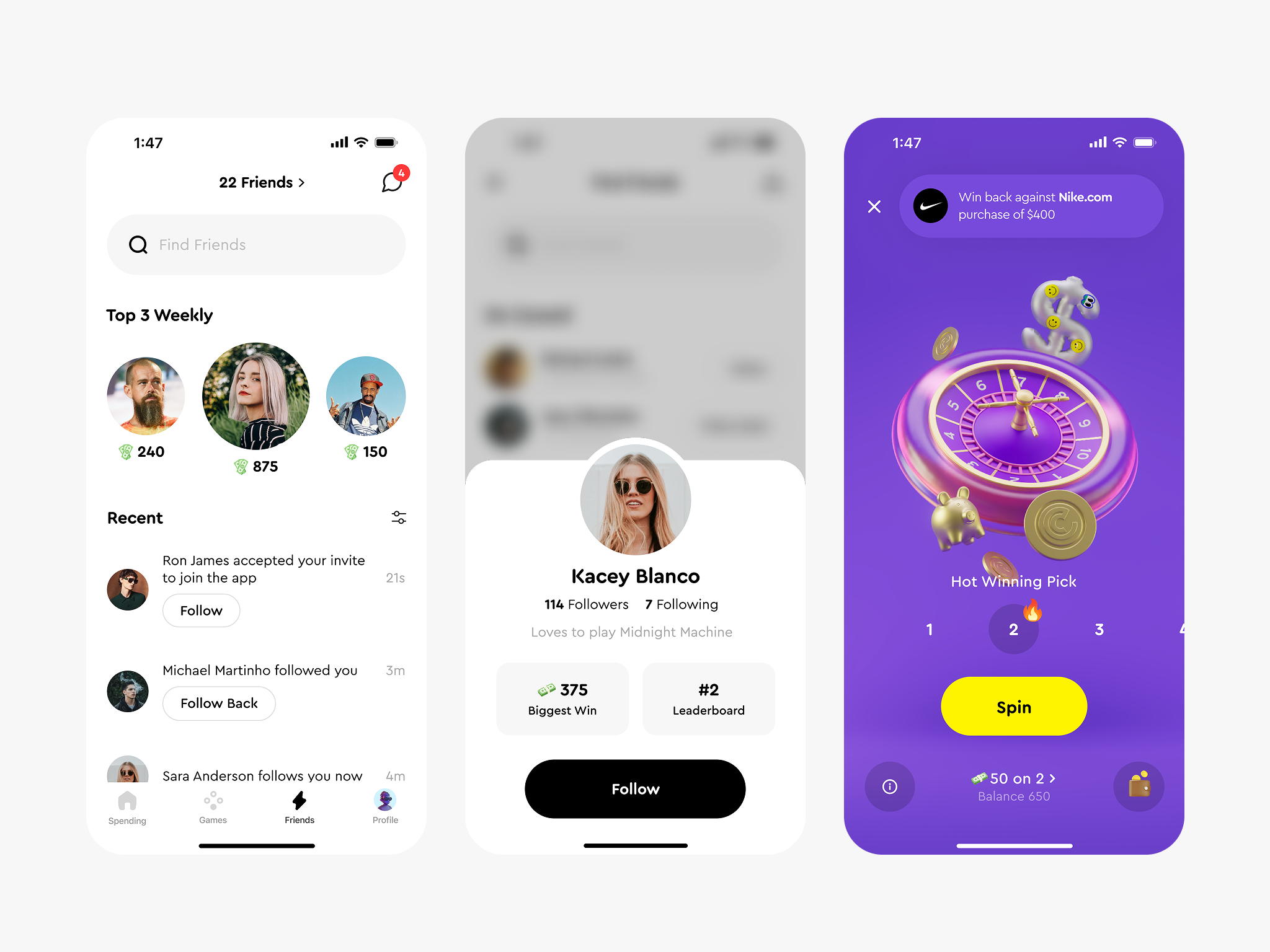 ¢ roll 3d find friends follow game graphic design ios leaderboard profile social ui ux