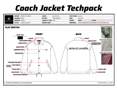 COACH JACKET | FLAT SKETCH & TECH PACK 2d drawing 2d illustration apperal design branding coach jacket coach jacket techpack design drawing flat sketch graphic design illustration jacket design jacket techpack manufacturing pattern design sportswear streetwear tech pack technical illustration techpack