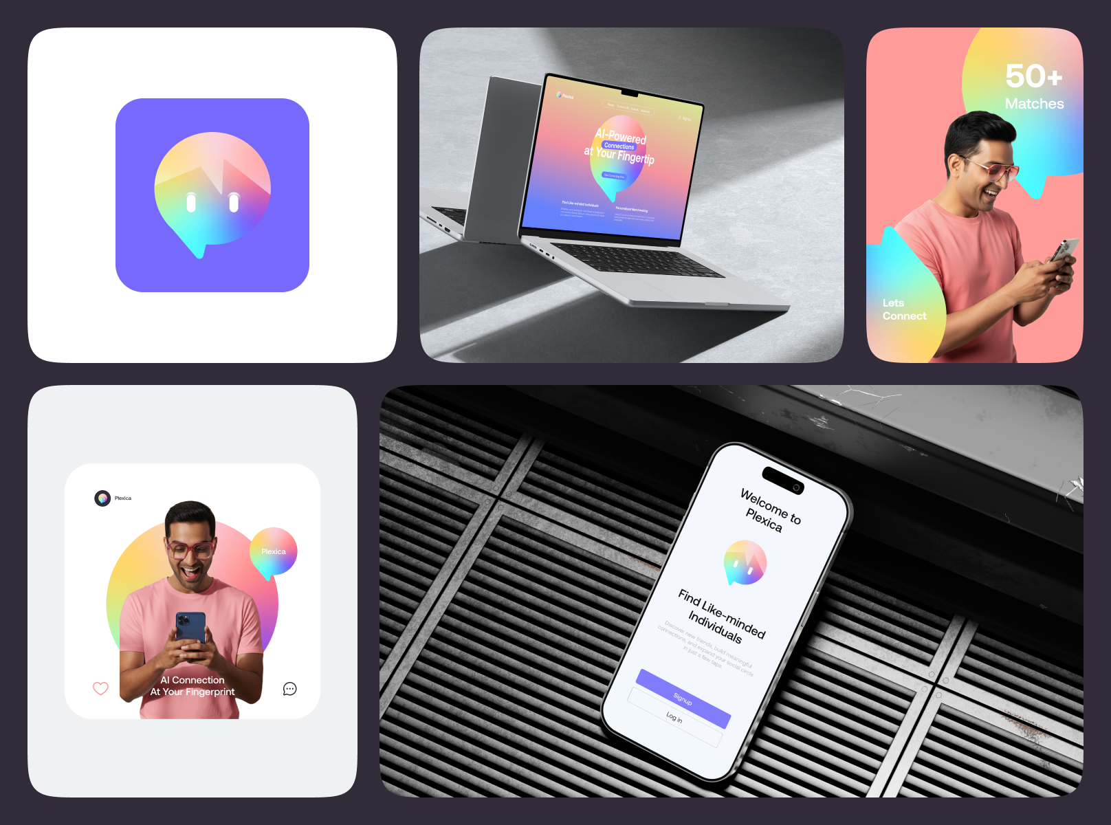 Visual Identity Desing For Plexica ai assistant ai bot ai community app icon branding chatbot colorful connection ecommerce friends gradient lettering logo logo creator mascot modern logo p logo playful logo social software