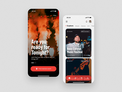 Events App | UI Design app booking celebrate concert event festival fiesta glass glasseffect graphic design interface minimal mobile modern party red ui ux vibrant viewer