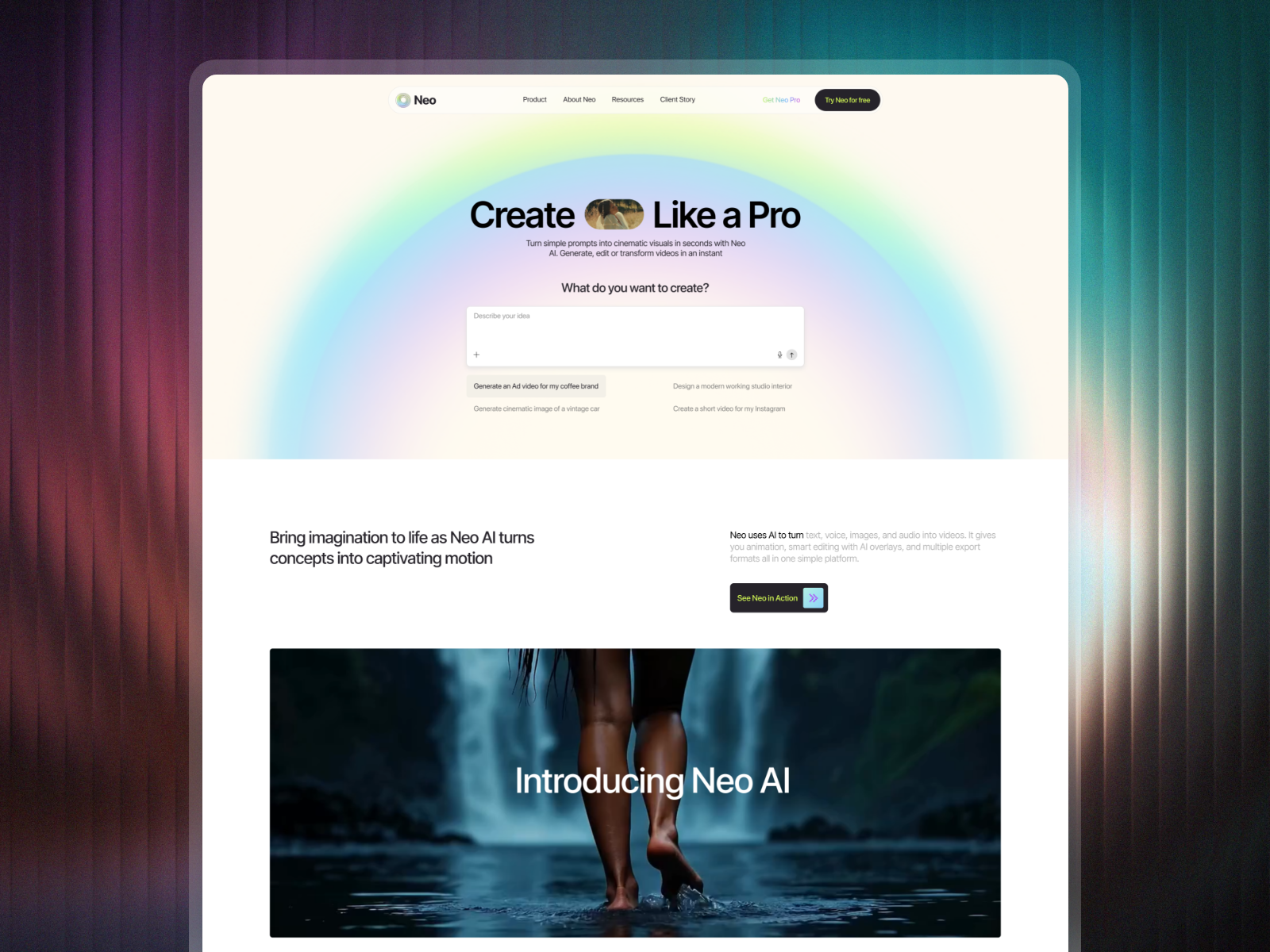 Neo AI Video Generating Tool Website Design ai ai agent ai tool ai tool website design ai video ai video generator animation artificial intelligence branding daily ui illustration landing page product design saas product service tech uiux design video generation video maker web design