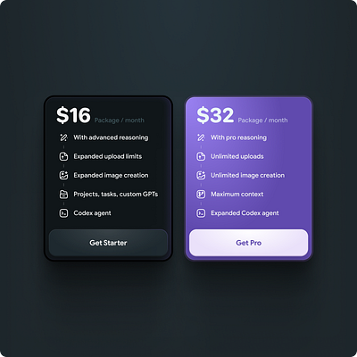 Modern Pricing Card UI – Starter vs Pro Plans cards payment pricing cards subscriptions ux design