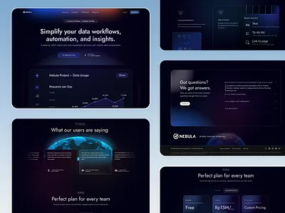 Nebula – AI Landing Page Data Analytics Platform ai ai landing page blockchain card dark mode data analysis data analytics glassmorphism hero section landing page minimalist pricing saas saas landing page technology ui design uiux ux design web design