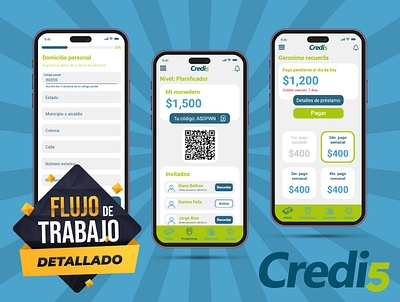 Flujo de trabajo - Rediseño de App móvil Credi5 (Fintech) app app design blue finance app finance management finances financial fintech green loans mobile design payment ui ux wallet workflow
