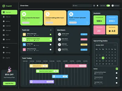 Trackit – Timeline Project Management Dashboard calendar integration dark mode ui member management modern dashboard design productivity tool project dashboard project progress saas dashboard task scheduling task tracking team activity team collaboration timeline management workflow automation