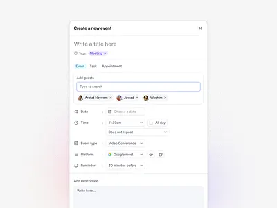 QuickSuite: Project Management (Create new event) agencymanagement allinoneplatform businesssoftware clientexperience crmsoftware dashboarddesign designagency designportfolio documenthub freelancedashboard freelancertool invoiceautomation leadmanagement productivityapp saasdesign servicebasedbusiness smallbusinesstech taskmanagement uiinspiration uxdesign