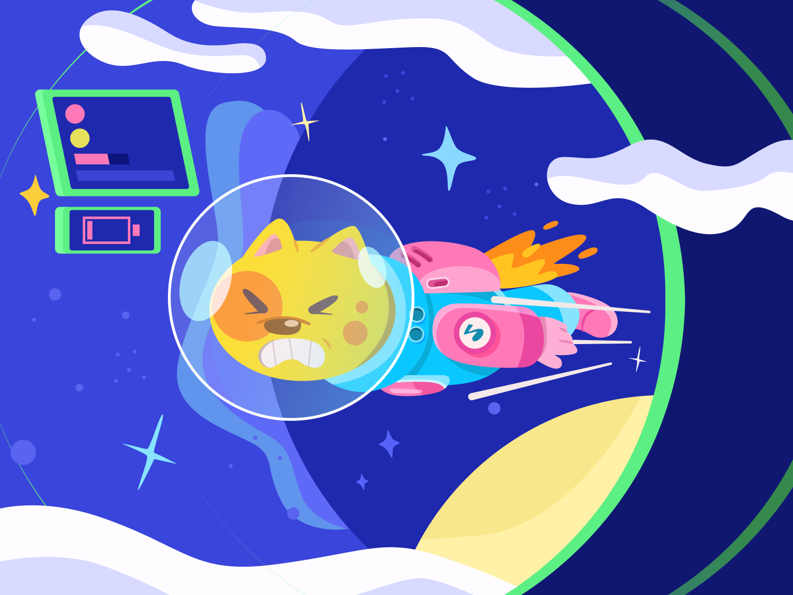 Low Battery, Full Speed 2d animal astronaut cat character colour cute flat illustration space vector