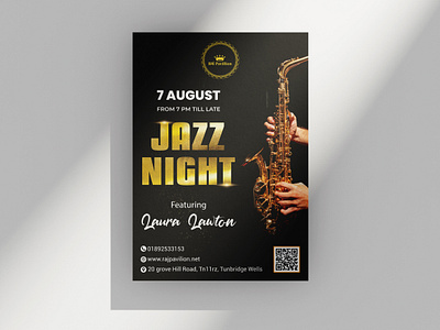 Elegant Jazz Night Poster Design ad poster branding concert flyer creative flyer design event branding event flyer design flyer flyer design gold text effect graphic design jazz night poster modern poster design music event poster night event flyer party flyer poster design saxophone poster social media poster typography poster