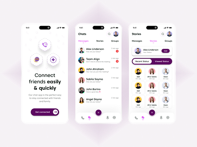 Modern Messaging App UI Design android app chat app chat screen clean design ios app messaging app minimal design mobile app design social app stories feature uiux design video call ui voice call ui