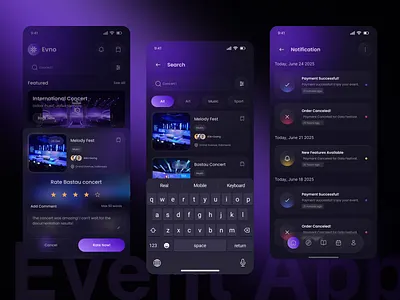EventFlow – Featured, Search & Alerts android clean notification page concert concert app creative design event app event booking app event management interaction design ios minimal design mobile app design notification notification app notification page notification page app notification ui ticket booking ui ux