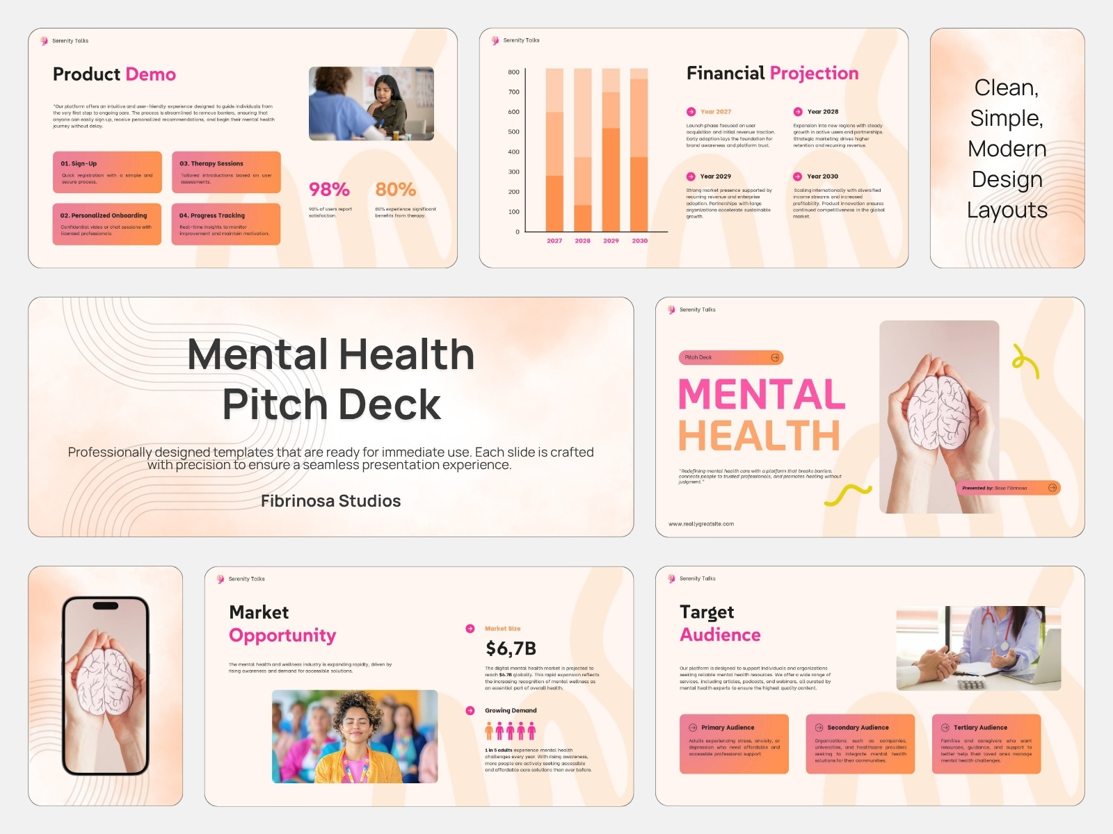 Mental Health Pitch Deck awareness clean counseling healthcare medical mental health modern pitch presentation psychology report startup support therapy wellness