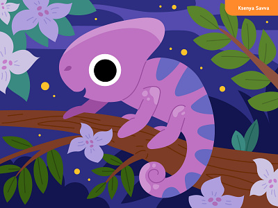 Night Jungle Chameleon - Cute Animal Illustration for Kids adobe illustrator animal cartoon chameleon character character design children cute flat for kids illustration jungle kawaii landscape lizard night puzzle scenery vector zoo