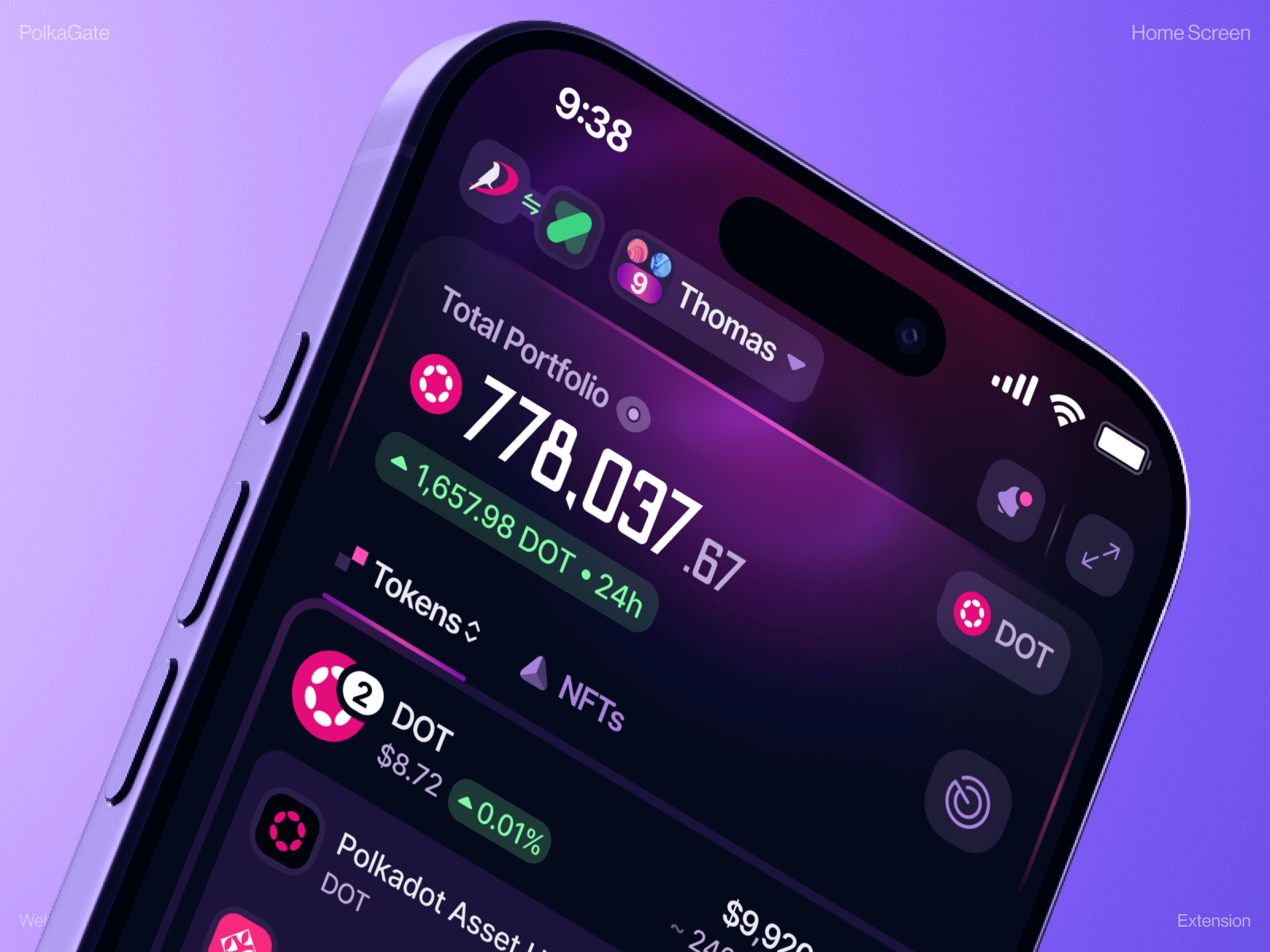 PolkaGate: Home Screen Non-Custodial Wallet ai dashboard artificial intelligence blockchain app crypto app crypto exchange crypto payments crypto wallet cryptocurrency dashboard ui ethereum finance financial app fintech memecoin mobile design platform product design token trading web3 design