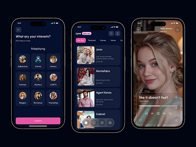 AI Mobile App Design ai ai app ai app design ai assistant ai chatbot ai voice aiconversations app home page characterdesign chat app chatbot chatinterface mobile onboarding roleplayapp smart ai smart assistant speech to text app voice recognition