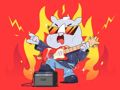 Rock! animal cartoon character characterdesign design fire flat guitar illustration rhino vector zoo