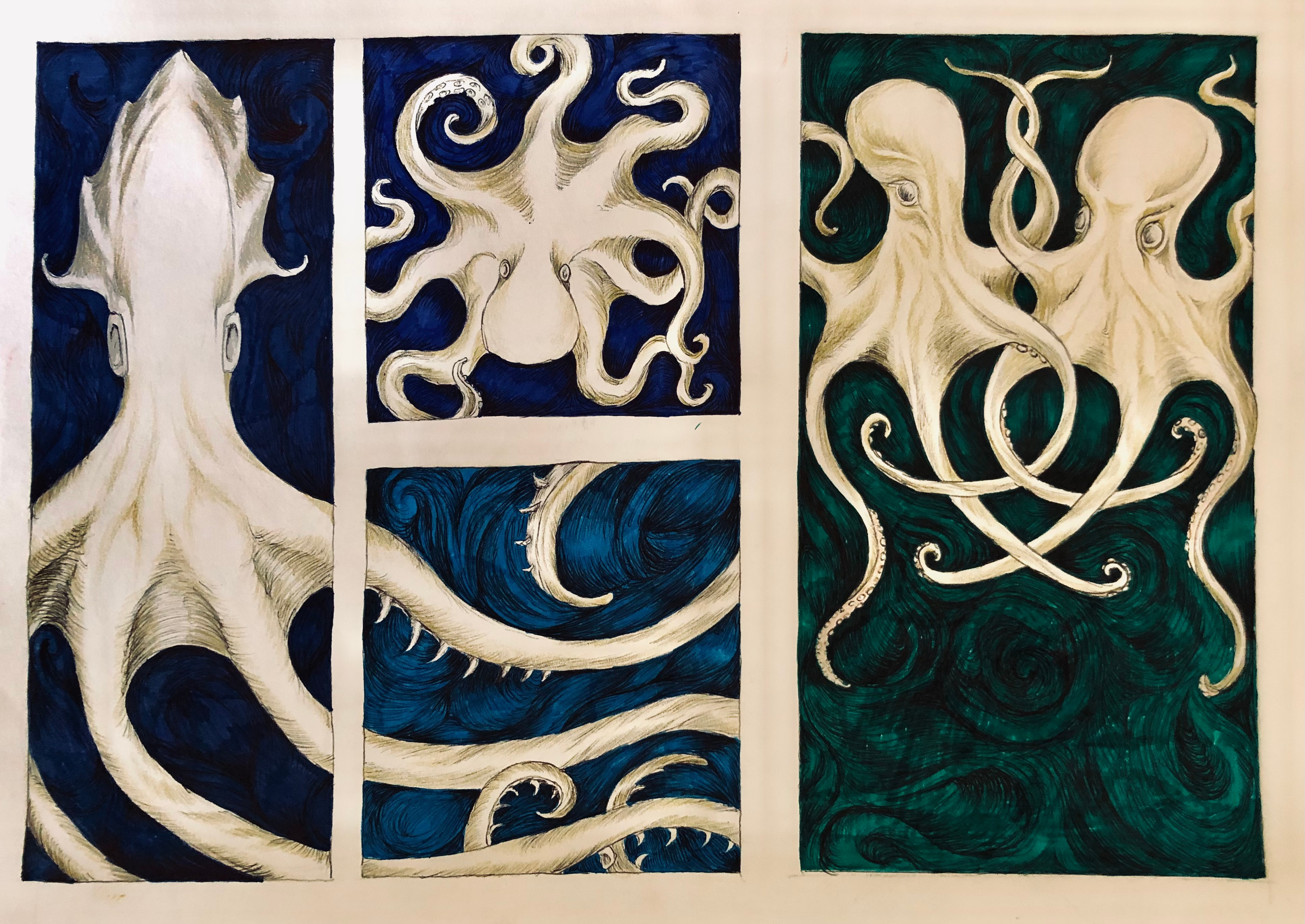 Detailed pen and pencil design. octopuses pen and pencil on paper