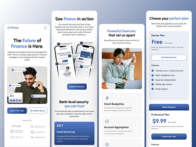 Finovo - Fintech Landing Page (Responsive) branding finance fintech graphic design homescreen illustration landing page layout mobile apps responsive responsive screen responsive website screen layout ui user experience user interface ux web design website design website landing page