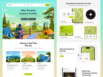 Hiker – Hiking & Trail Guide Landing Page 🏔️ community design exploration guide hiking illustration landing page map navigation orely outdoor trail ui ux weather web website
