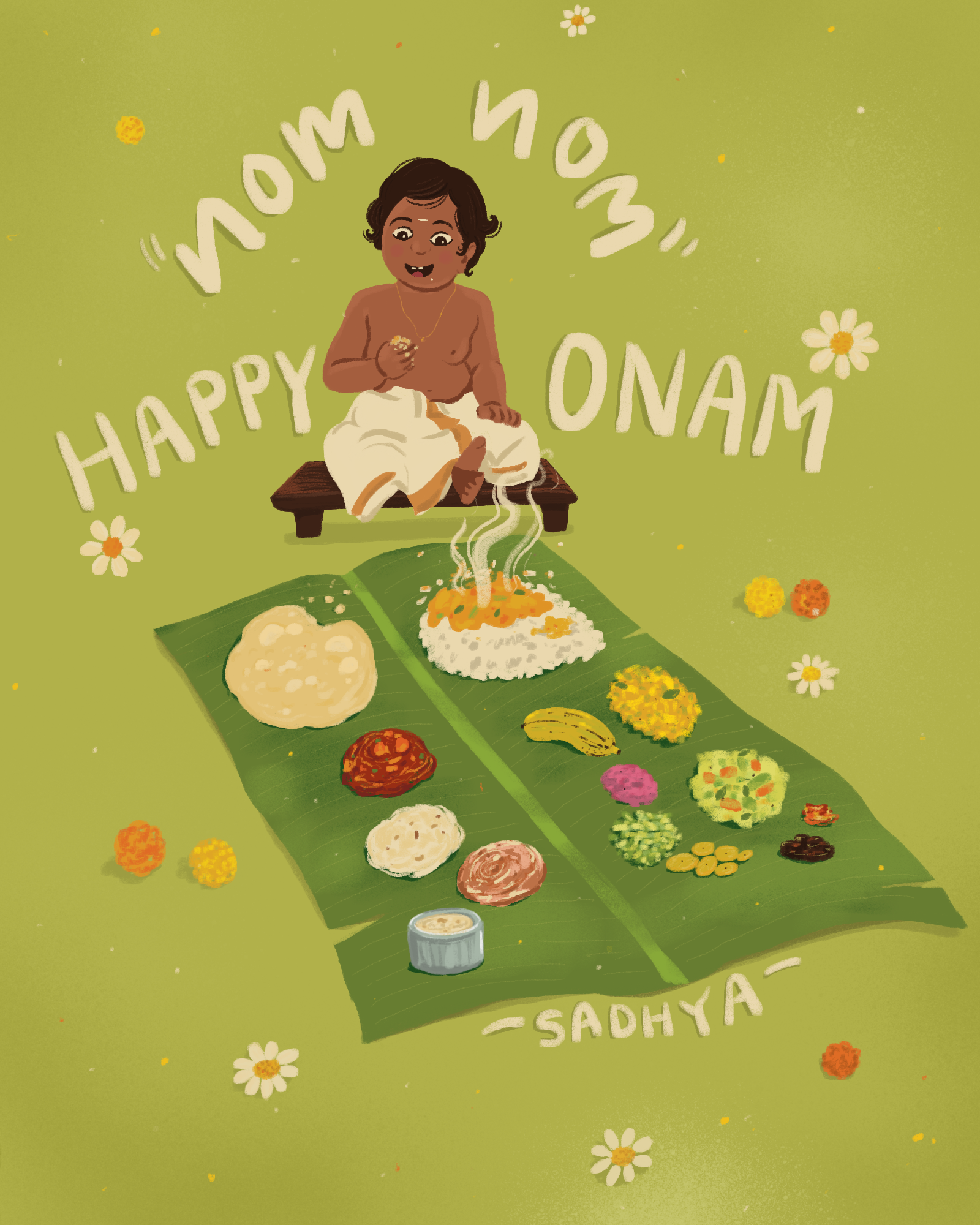 Onam sadhya 🌼 art banana leaf children design digital digital art festival food food food illustration illustration kerala onam onam sadhya procreate sketch