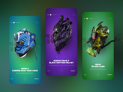 Sneaker Art E-Commerce App UI 3d design bold colors concept design creative ui ecommerce app fashion marketplace futuristic design marketplace app masks mobile shopping mobile ui modern app design product cards product design shopping app shopping cart sneaker art sneakers ui ux unique products