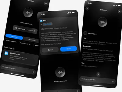 AI Email Drafting Flow – CoreAssist App Design ai assistant ai voice recognition app app app design app intreface artificial intellingence dark mode interface ios app mobile mobile app mobile app design mobile application motion ui product design saas uiux voice assistant app