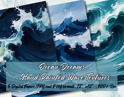 Ocean Dreams — Hand Painted Wave Textures (Digital Download) backgrounds commercial use digital download digital papers hand painted hd quality jpg and png ocean and seas textures waves