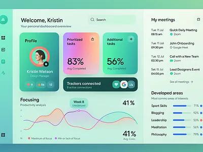 Modern Productivity Dashboard analytics calendar charts components dashboard data visualization designsystem glassmorphism interactiondesign meetings productivity saas sidebar ui uidesign uxdesign webapp