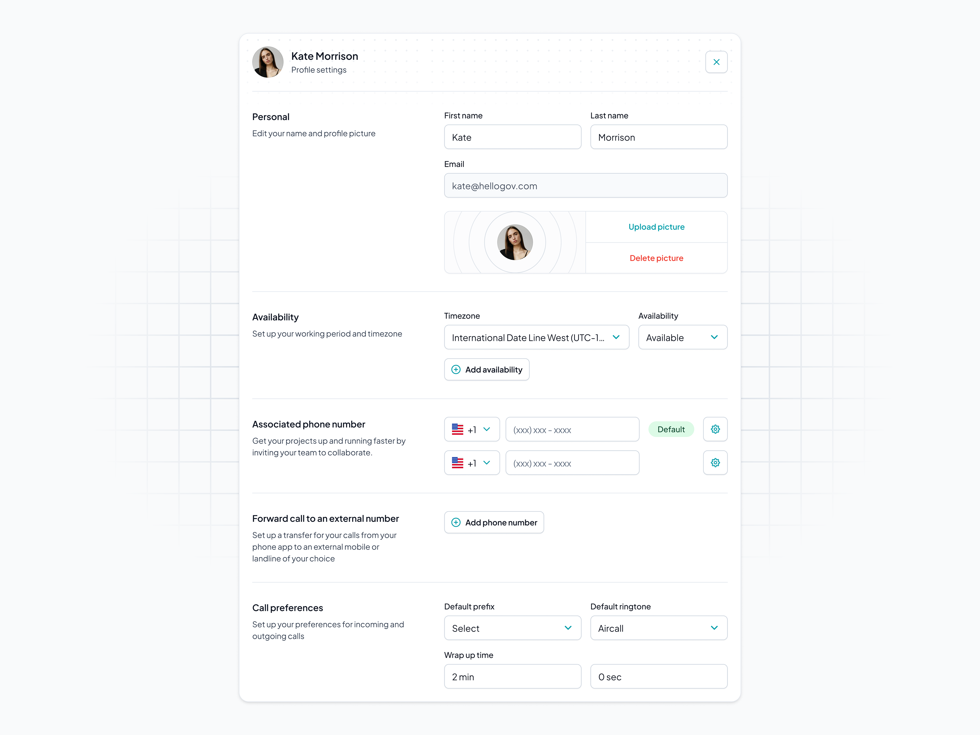 Profile settings (user profile - WIP) admin profile availability cal cal.com calendly crm edit profile email phone number picture profile profile picture profile settings schedule settings timezone ui user user profile