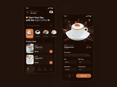 Coffee Shop Mobile App - Dark & Light Mode app design application application ui brown chocolate coffee coffee shop dark mode food app light mode mobile app mobile app design mobile design mobile ui order app order food order management ui design ux design
