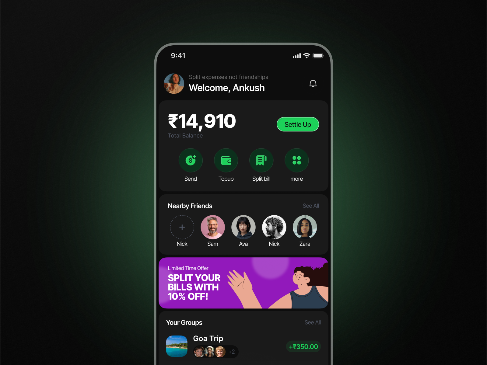Payvibe – Split Payment App (Dark Theme) app appdesign billsplitting dark design fintech illustration mobileapp paymentsolution solution split splitpayment ui ui ux vector