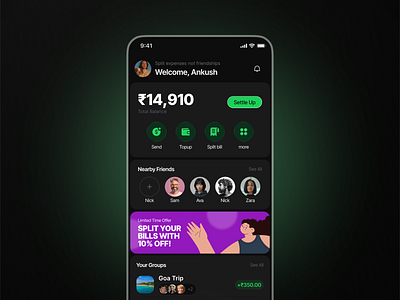 Payvibe – Split Payment App (Dark Theme) app appdesign billsplitting dark design fintech illustration mobileapp paymentsolution solution split splitpayment ui ui ux vector