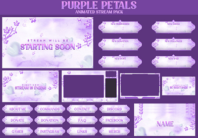 Purple Petals Animated Stream Package: For Twitch Overlay animated pack stream animated screens banner design kick overlay kick screens kick stream animated overlay pack stream overlay stinger transition
