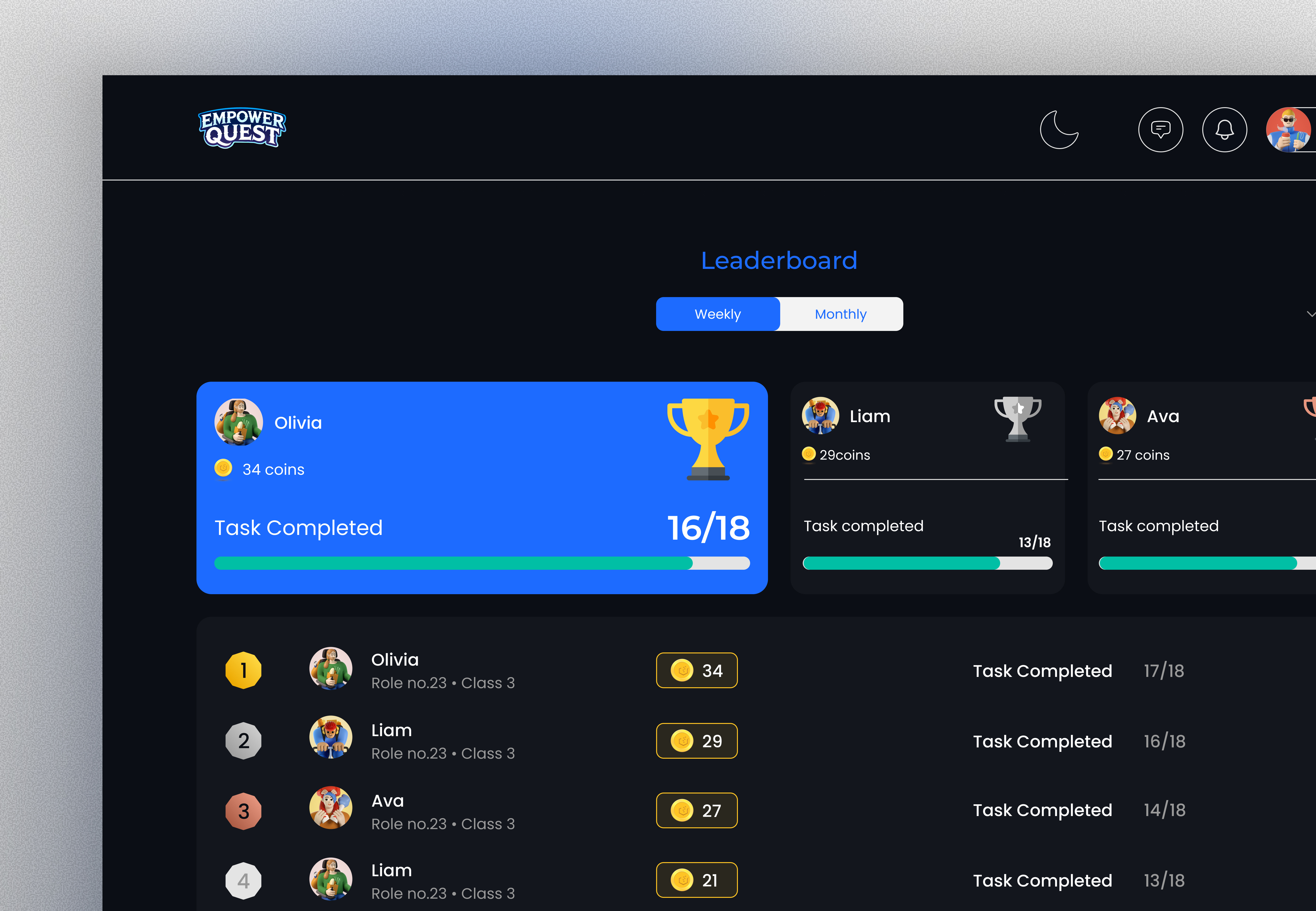 EmpowerQuest – Gamified Learning Dashboard & Leaderboard UI cleanui darkmodedesign edtechui educationappdesign gamificationdesign gamifiedlearning leaderboardui learningapp minimaldesign pointssystem productivityapp saasui studentdashboard uxuidesign