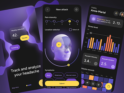 Smart Headache Tracker ai analytics charts clean dark mode darktheme gotoinc headache health app healthcare healthtech hospital illustration medical mobile app modern patient statistics ui ux design