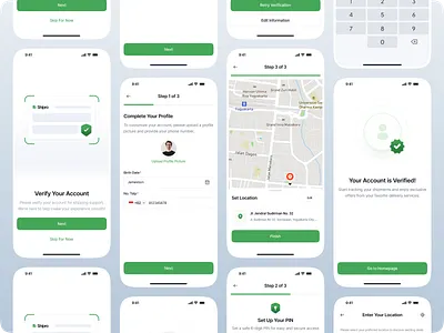 Shipro - Verify Account Flow app authenticator clean figma ios app location maps mobile app mobile design mobile flow design otp personal data set up pin shipment app shipping app ui ui kit verification verify account verify mobile app