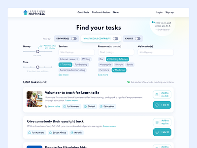 IncreasingHappiness: Charity Donation Platform charity charity app charity design contribute contribution crowdfunding donating donation donation platform filter fundraising horizontal filter non profit nonprofit platform task volunteer volunteering website website design