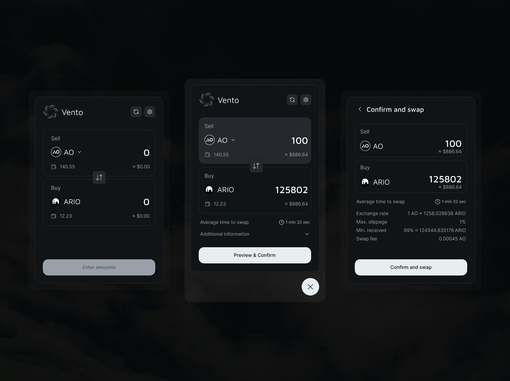 Vento - widget DEX for AO ao ario arweave blockchain connect wallet crypto design dex figma swap ui ux web web3 widget