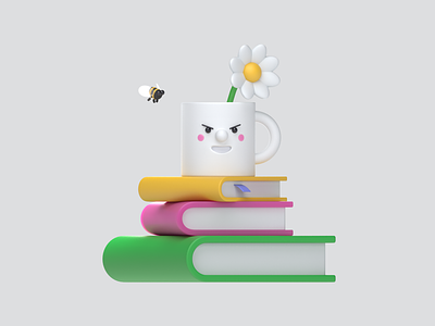 Morning coffee 3d abstract bee books c4d character coffee cup design flowers illustration morning