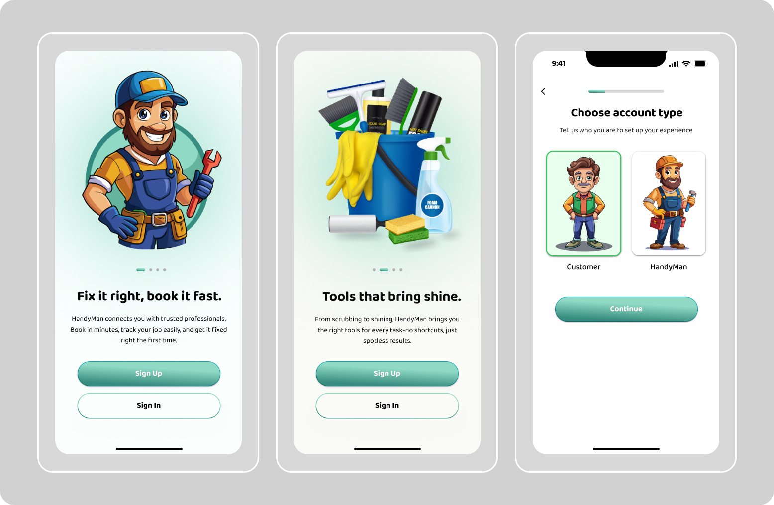 HandyMan App Onboarding 3d animation app branding design graphic design illustration logo mobile motion graphics nft nfts screen ui vector