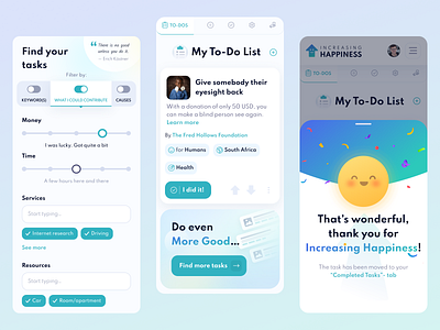 IncreasingHappiness: Charity Platform | Mobile screens app charity charity app charity design contribute contribution crowdfunding donating donation donation platform fundraising mobile non profit nonprofit task volunteer volunteering website website design