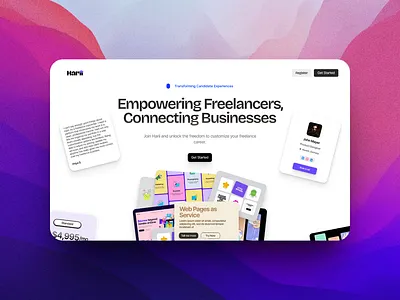 Harii – Connecting Freelancers & Clients Seamlessly 3d website animation hero section portfolio purple ui visual design web design